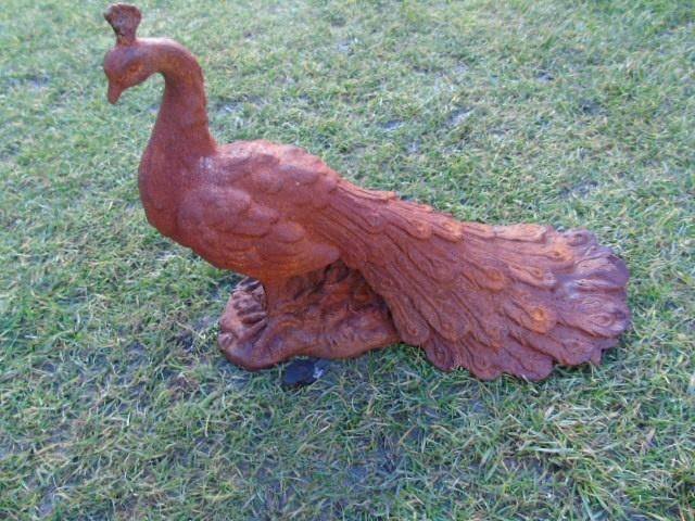 roestig gietijzeren beeld van een pauw,, Tuin en Terras, Ophalen of Verzenden, Nieuw, Metaal, Dierenbeeld