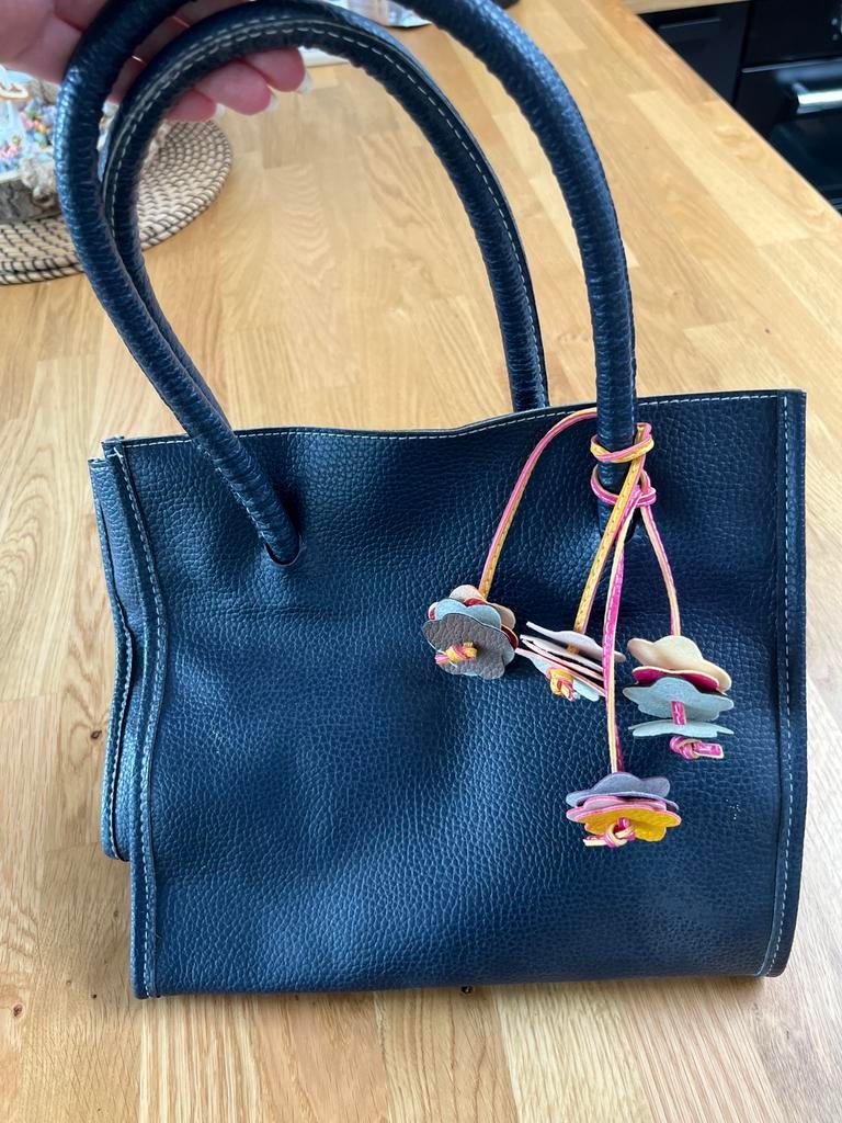 Sac à main noir avec fleurs, Zo goed als nieuw, Zwart, Handtas