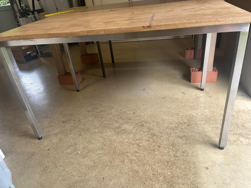Tafel (eikenhout op inox) - 92 cm hoogte, Ophalen, Gebruikt, Overige materialen, Tafelblad