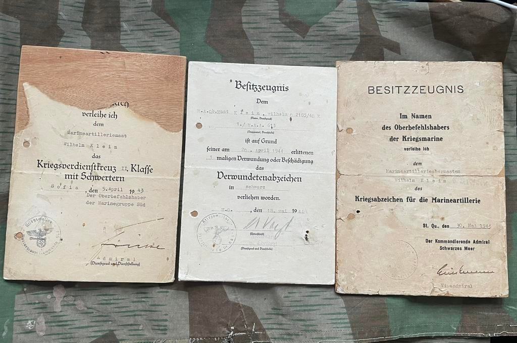 X3 WO2 Kriegsmarine Oorkondes 1 persoon, op hout geplakt, Verzamelen, Militaria | Tweede Wereldoorlog, Marine, Overige typen, Verzenden