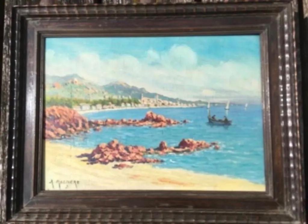 Midcentury schilderijtje op paneel Mare della Bocca Cannes, Antiek en Kunst, Kunst | Schilderijen | Modern, Ophalen of Verzenden