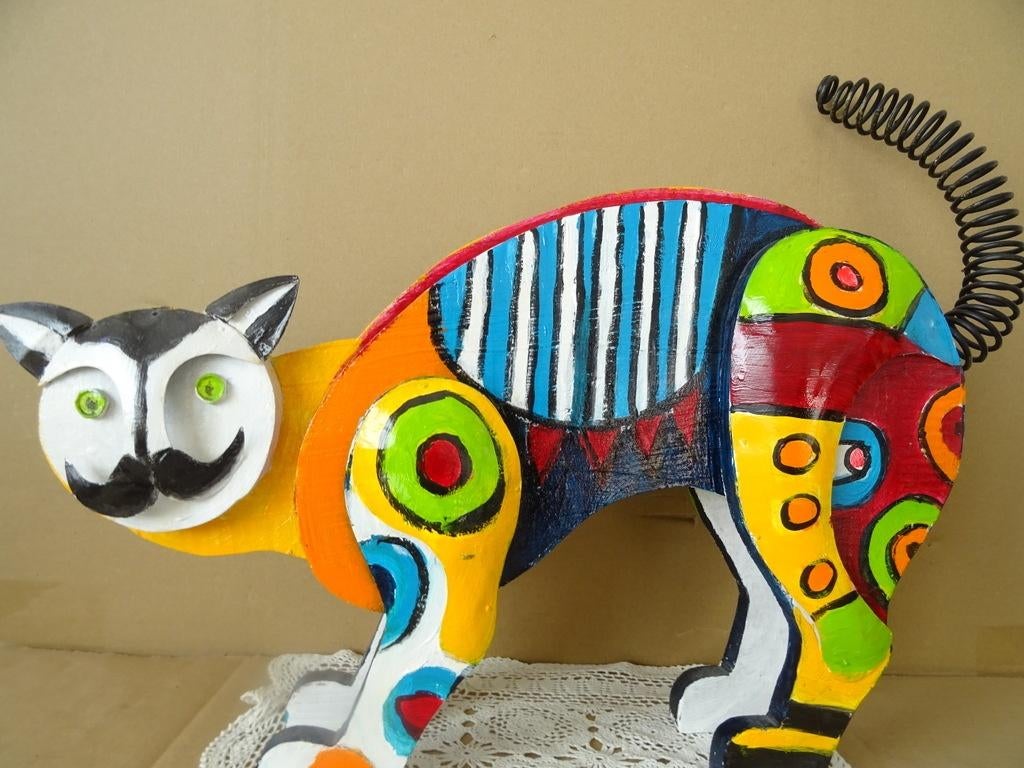 Curiosa volkskunst houten beeld kat poes Popart stijl 57cm, Ophalen of Verzenden
