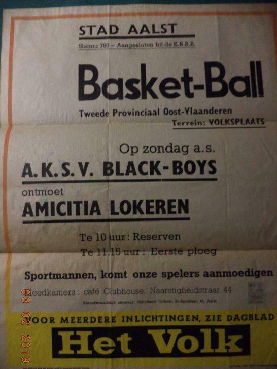 Affiche Stad Aalst: Basket-Ball: Black Boys-Amicitia. 1960?, Ophalen of Verzenden, Gebruikt