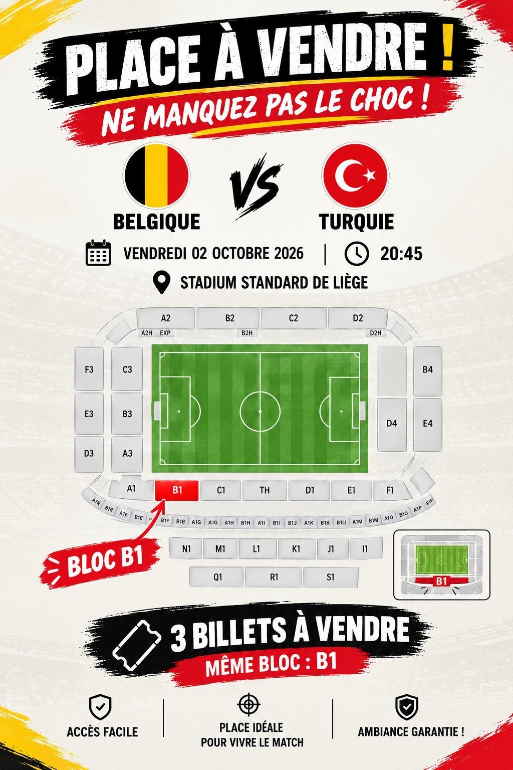 3 billets Belgique/Turquie 02/10/26, Tickets & Billets