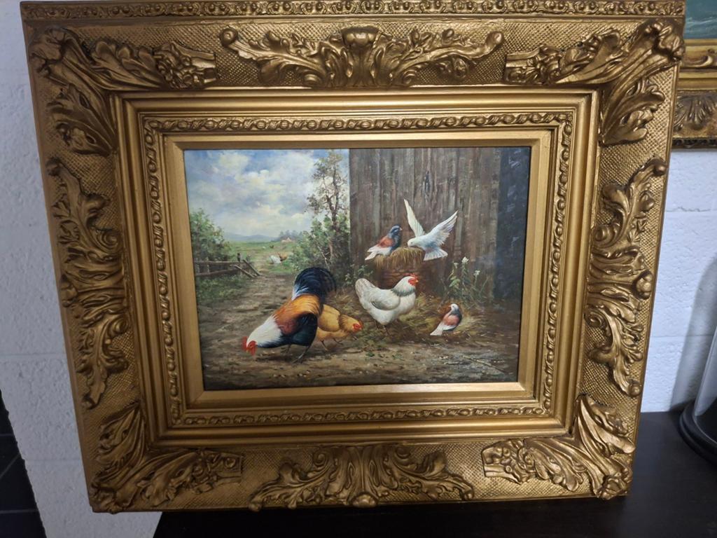Schilderij kippen en vogels in prachtige lijst, Ophalen