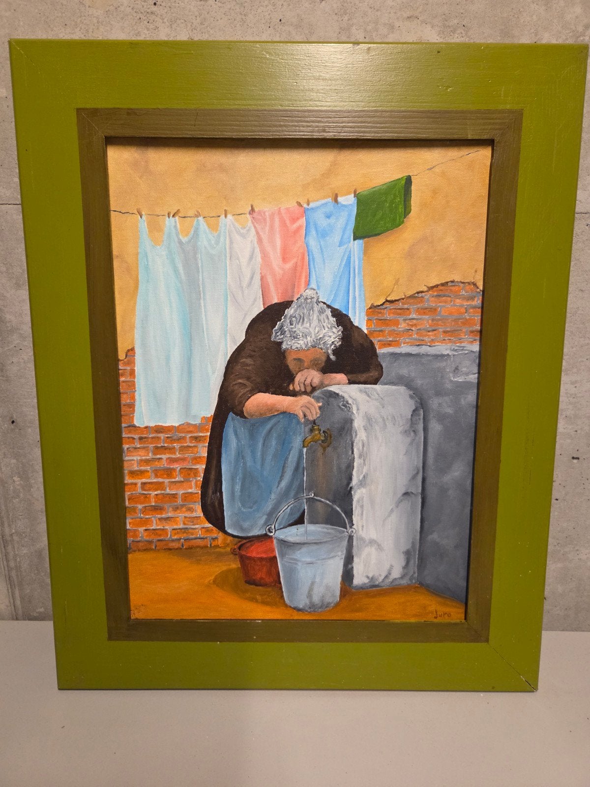 Oudere dame bij een waterpomp, Antiek en Kunst, Ophalen