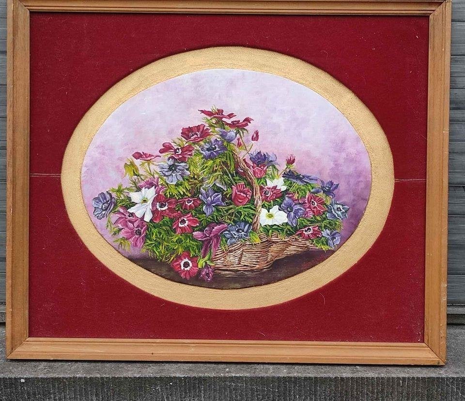 Huile sur panneau panier à fleur signe barzin r, Antiquités & Art, Enlèvement ou Envoi, Panneau