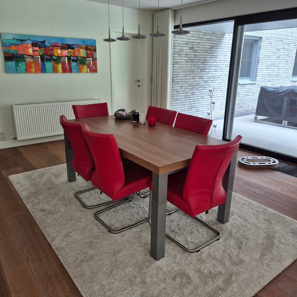 6 rode lederen design stoelen en/of houten eettafel, Huis en Inrichting, Ophalen, Gebruikt, Design, Leer