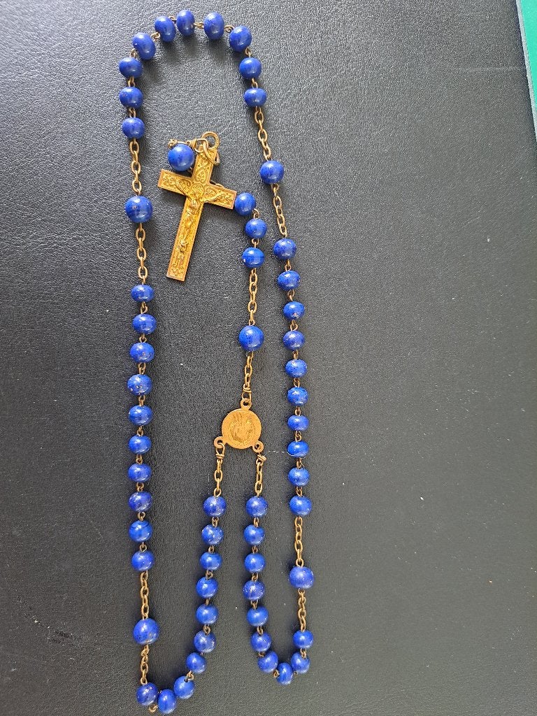 Vintage Rozenkrans gemaakt van blauwe Lapis Lazuli, Verzamelen, Ophalen, Gebruikt, Overige typen, Christendom | Katholiek