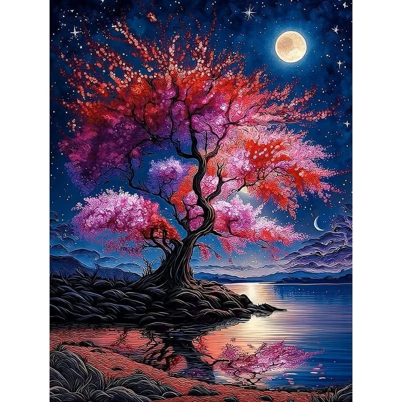 Peinture au diamant 50x40cm Arbre rose (carré) n 38, Neuf, Diamond painting, Autres matériaux, Autres marques