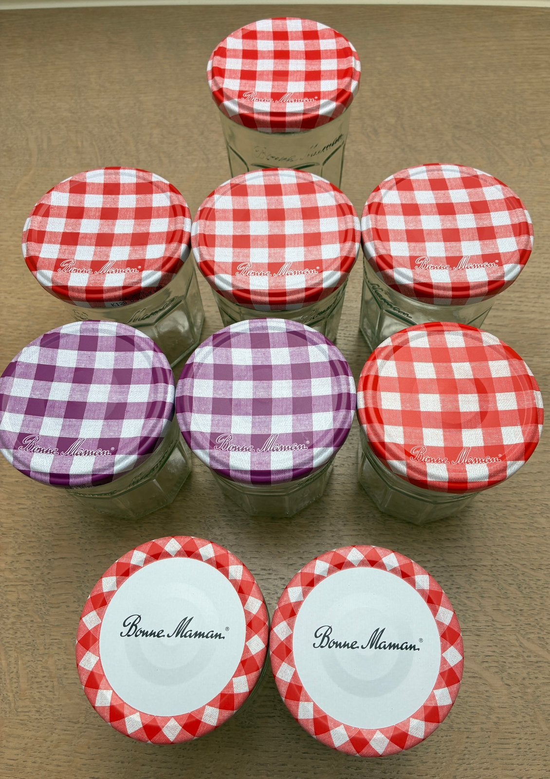 9 pots à confiture Bonne Maman, Verre, Enlèvement ou Envoi, Pot de stockage, Multicolore