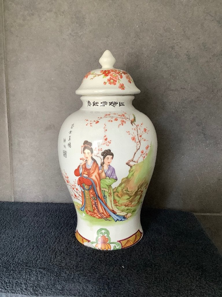 Chinese dekselvaas + houten houder, Antiek en Kunst, Ophalen