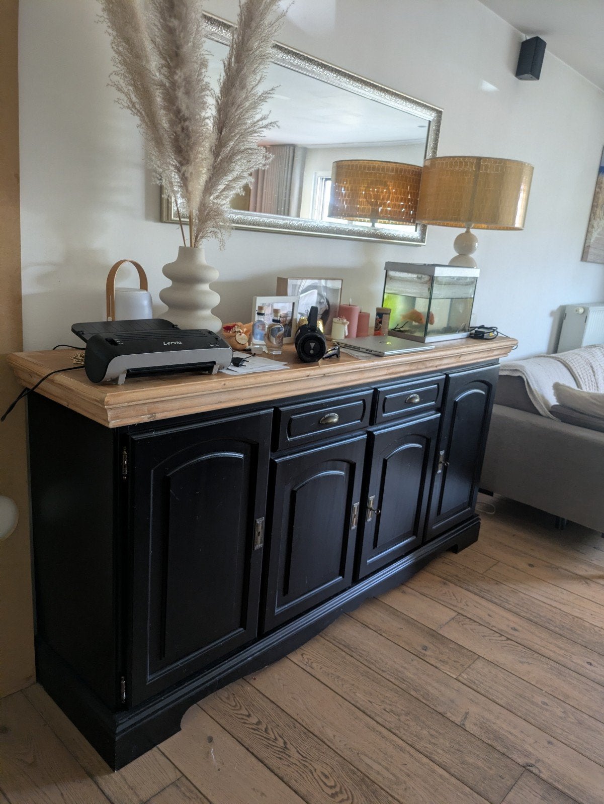Buffet noir spacieux avec plateau en bois - 200 cm, Avec tiroir(s), 150 à 200 cm, Enlèvement, 75 cm ou plus