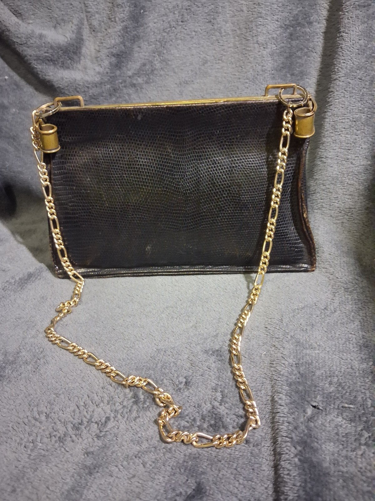 Vintage dameshandtas zwart reptielmotief goud kleurig sluiti, Bijoux, Sacs & Beauté, Colliers, Enlèvement, Noir, Or