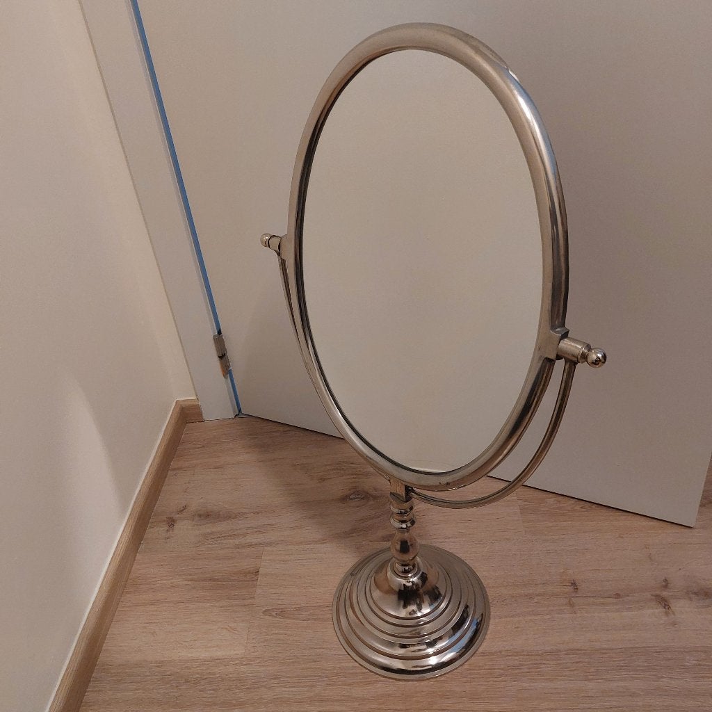 Beweegbare zilveren ovale vintage spiegel op voet, Huis en Inrichting, Ophalen, Minder dan 50 cm, Gebruikt, Minder dan 100 cm