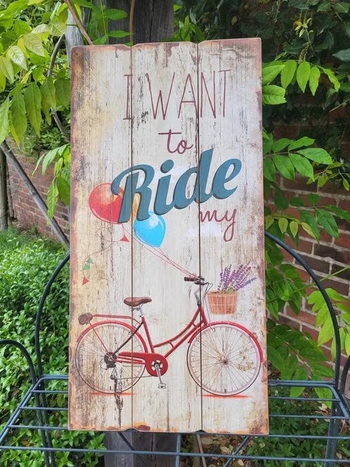 Assiette murale vintage « Je veux faire du vélo » 30 x 60 cm, Enlèvement