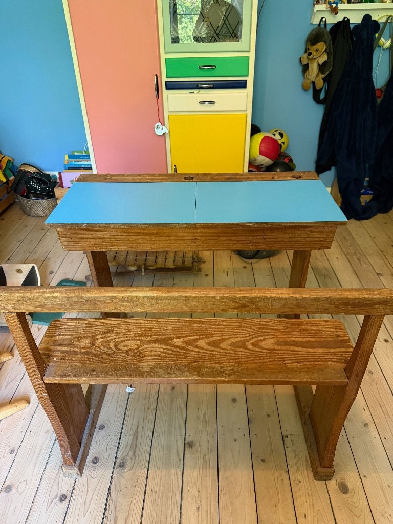 Vintage kinderbureau (schoolbank), Gebruikt, Hout, Kinderbureau, Vintage