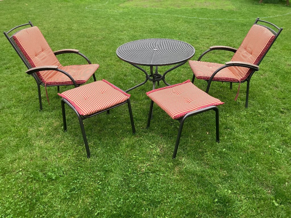 Metalen Tuinset – Ronde Tafel, 2 Stoelen & Hockers + Kussens, Tuin en Terras, Overige materialen, Gebruikt, Tuinset, Eettafel