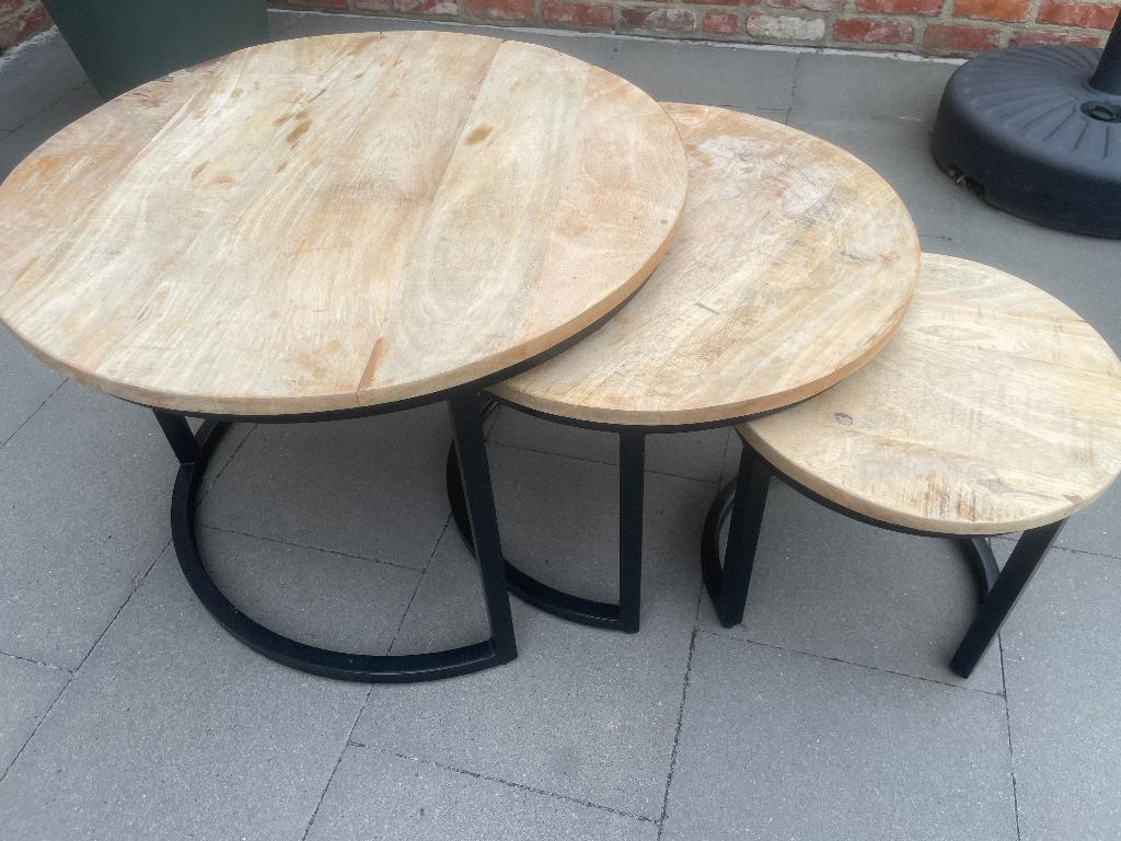 Bijzettafeltjes industrieel rond in mango-hout, Ophalen, Rond, Zo goed als nieuw, Hout