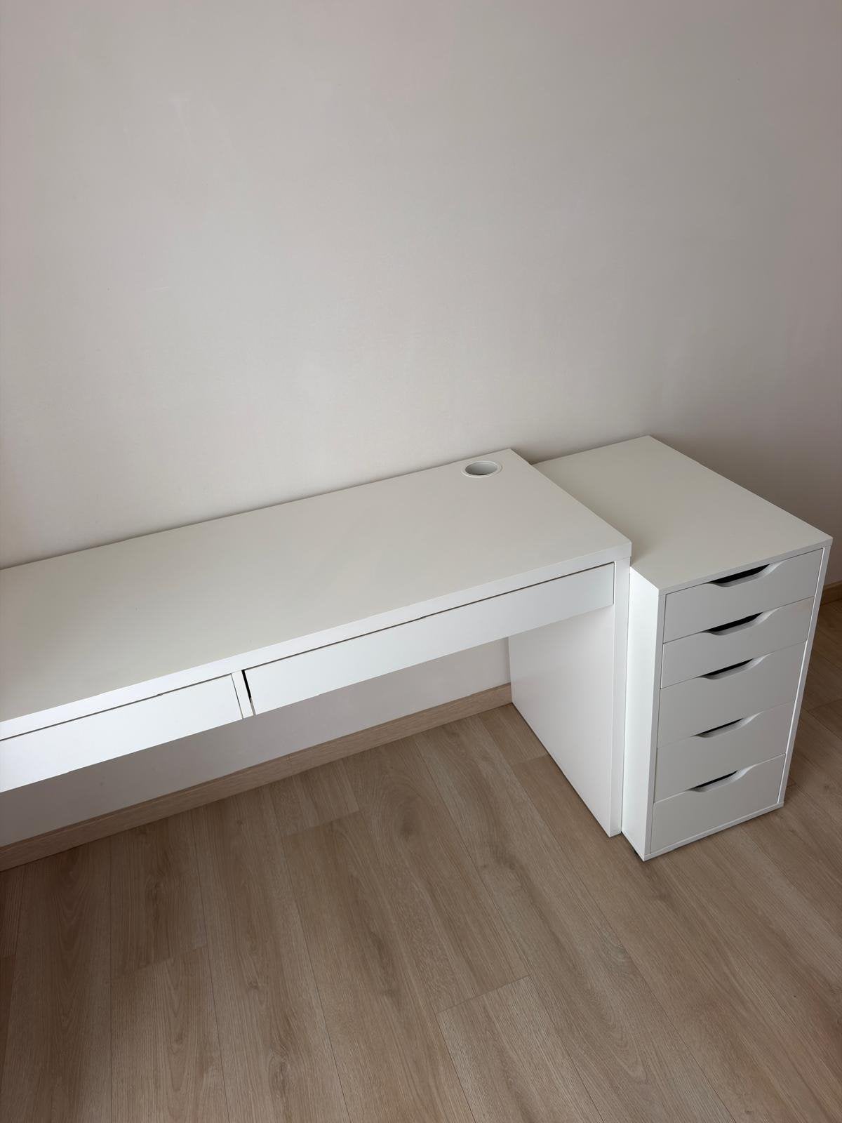 Bureau IKEA MICKE + meuble à tiroirs ALEX — blanc, Maison & Meubles, Scandinave, Enlèvement, Utilisé, IKEA