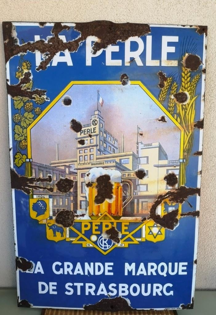 Geëmailleerd bordbier La Perle Emaillerie Alsacienne 1919, Ophalen of Verzenden, Gebruikt, Reclamebord