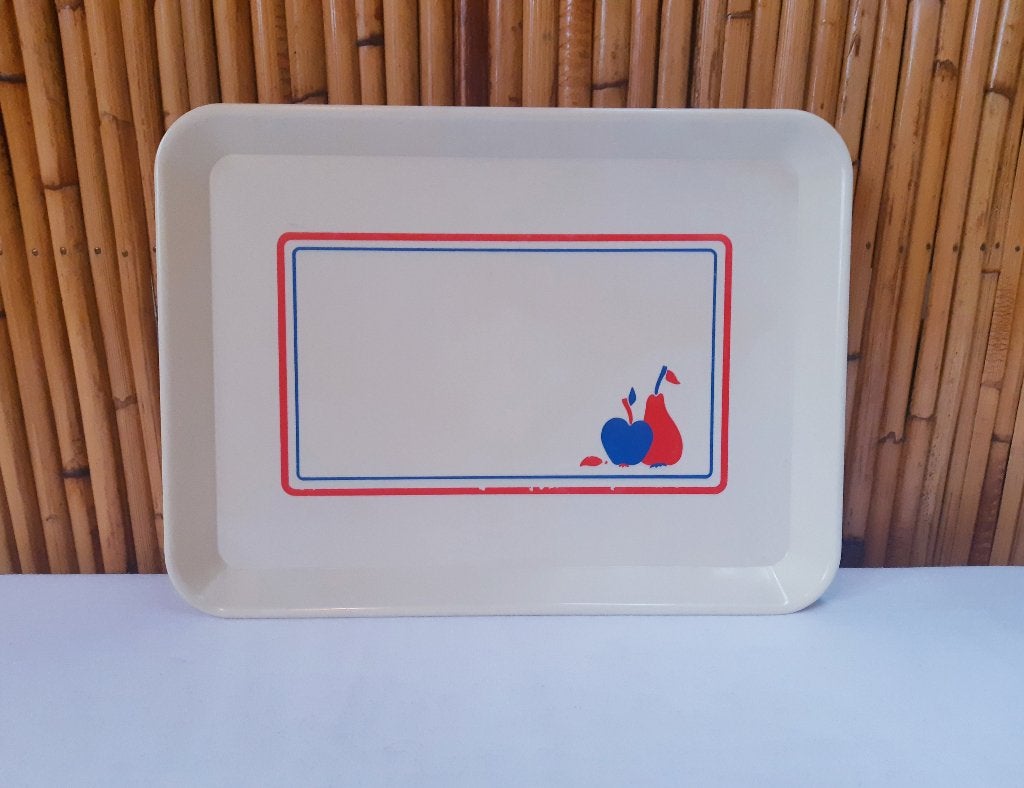 Vintage DBP wit dienblad uit 1980 met fruitpatronen, Kunststof, Gebruikt, Ophalen of Verzenden, Dienblad