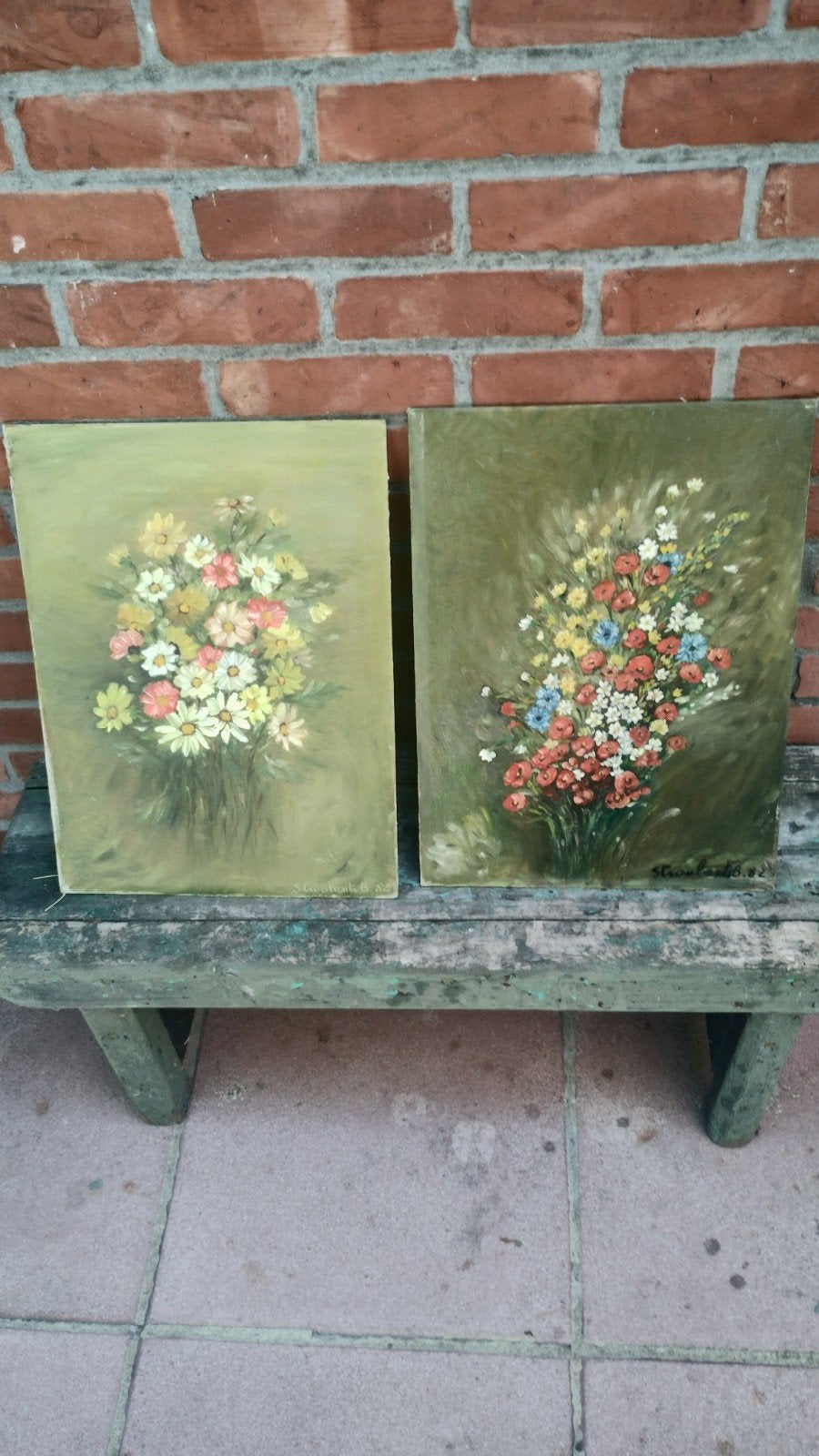 Olieverf op hardbord B.Stroobants, boeket bloemen 1982, Enlèvement ou Envoi, Peinture à l'huile, Fleurs