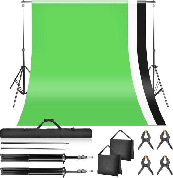 Fotoachtergrondset 2 x 3 m met groen, wit en zwart doek, Ophalen, Nieuw, Inclusief draagtas, Achtergrond