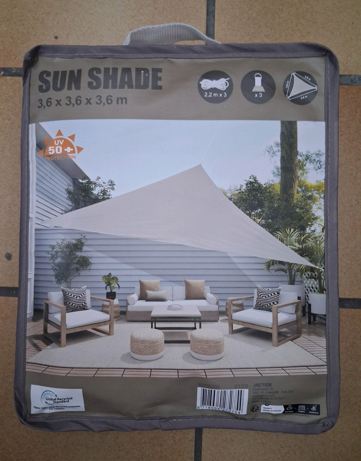 Schaduwdoek driehoek 3,6m, grijs, Tuin en Terras, Ophalen, Nieuw
