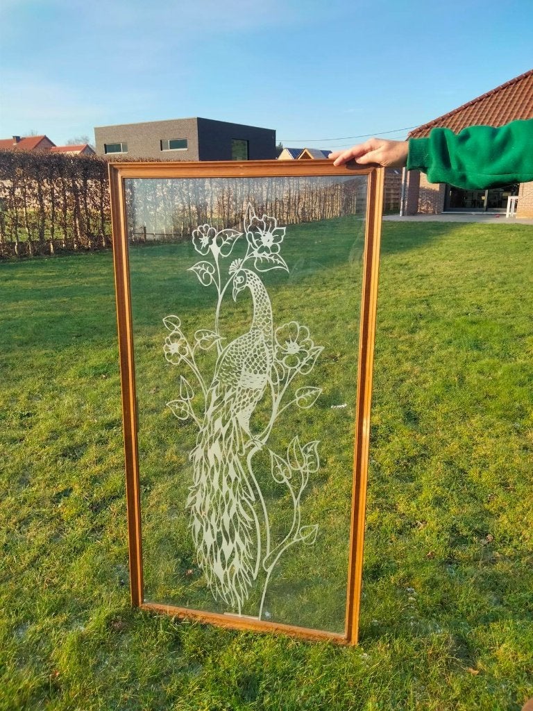 1970s groot XL kunstwerk glasraam pauw Art Nouveau stijl, Enlèvement
