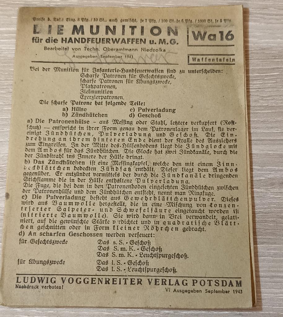 Fiche technique Waffentafel Wa 16 Allemandes ww2 (rare), Envoi, Armée de terre, Livre ou Revue