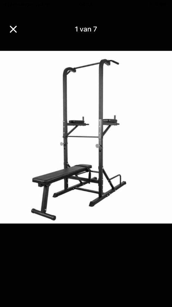 Powerrack en gewichten met stang en 68kg bumper plates, Sports & Fitness, Équipement de fitness, Utilisé, Banc d'exercice, Bras