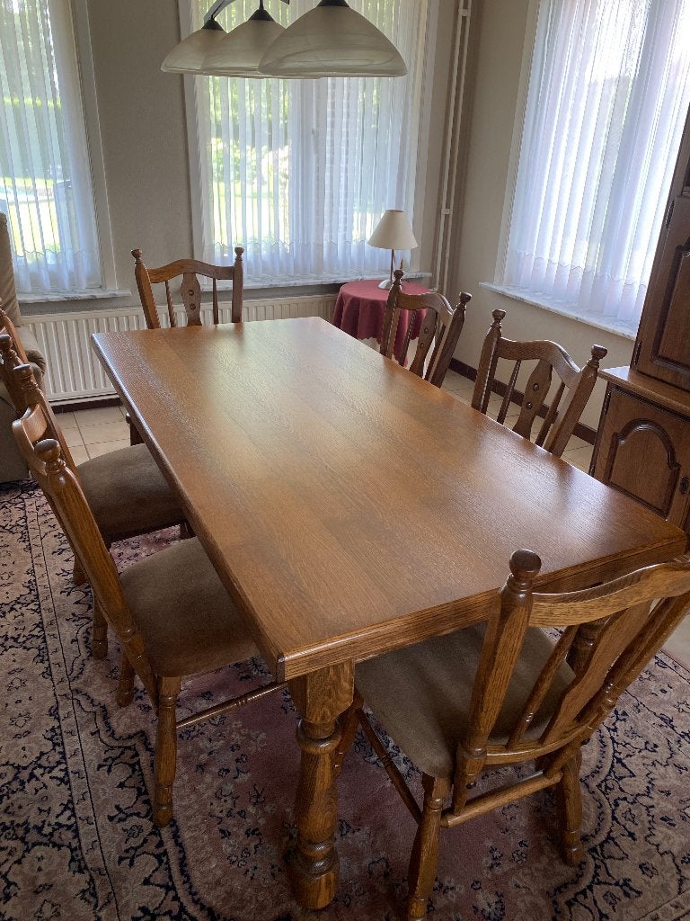 Uittrekbare eettafel met 6 stoelen, Huis en Inrichting, Ophalen, Gebruikt, 50 tot 100 cm, Vijf personen of meer