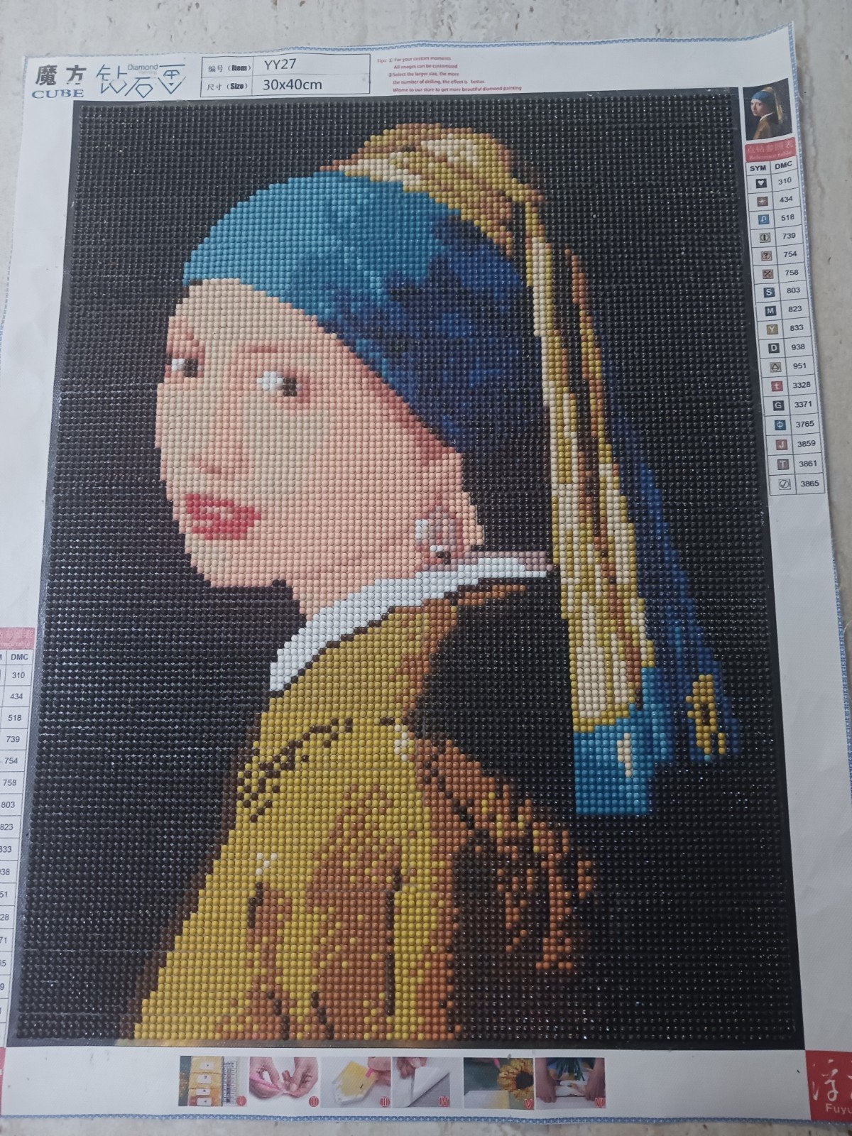 Gemaakte diamond painting 'Meisje met parel', Hobby en Vrije tijd, Diamond painting, Meerkleurig, Ophalen of Verzenden, Zo goed als nieuw