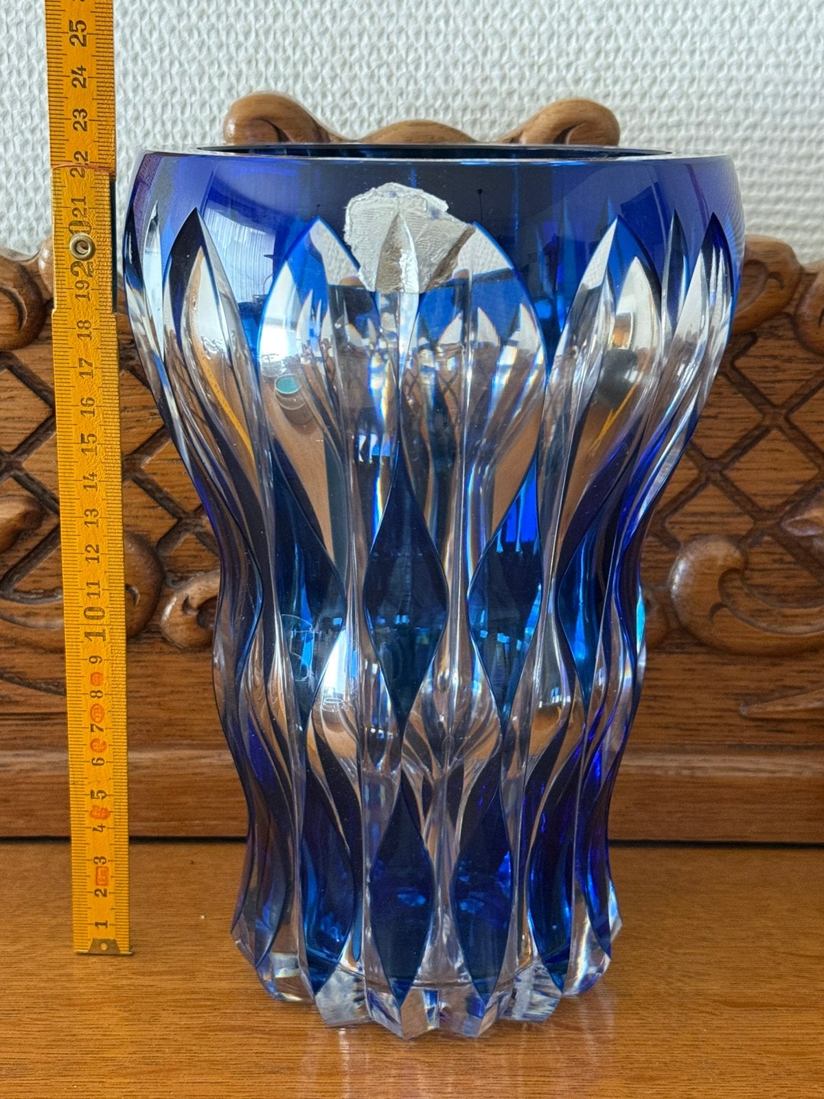 Vintage Val St Lambert kobaltbauwe kristal Langenau vaas, Antiek en Kunst, Ophalen of Verzenden