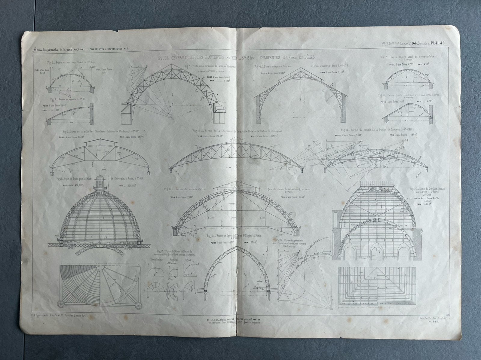 Gravure architecture 1864 – Charpentes en fer, gares & dômes, Gravure, 37 cm, Original, 1800 - 1899