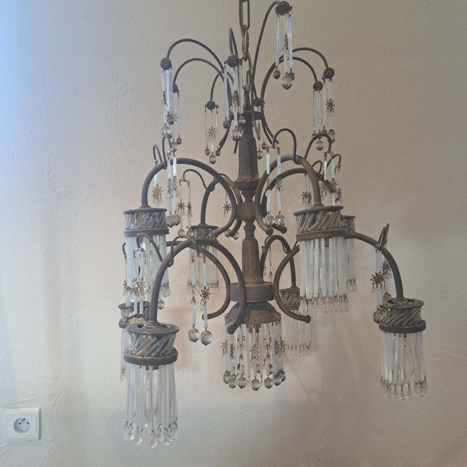 Prachtige grote vintage kroonluchter – 9 lichtpunten, Ophalen, Gebruikt, Glas, E14 (klein)