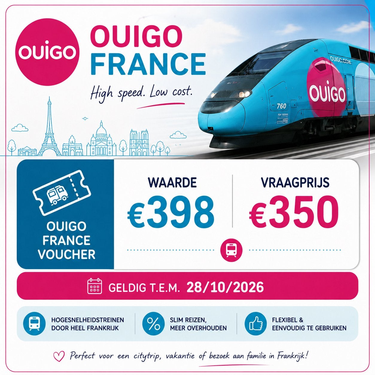 Voordelige voucher OUIGO geldig tot 28/10/26, Vacances, Vacances | Offres & Last minute, Propriétaire