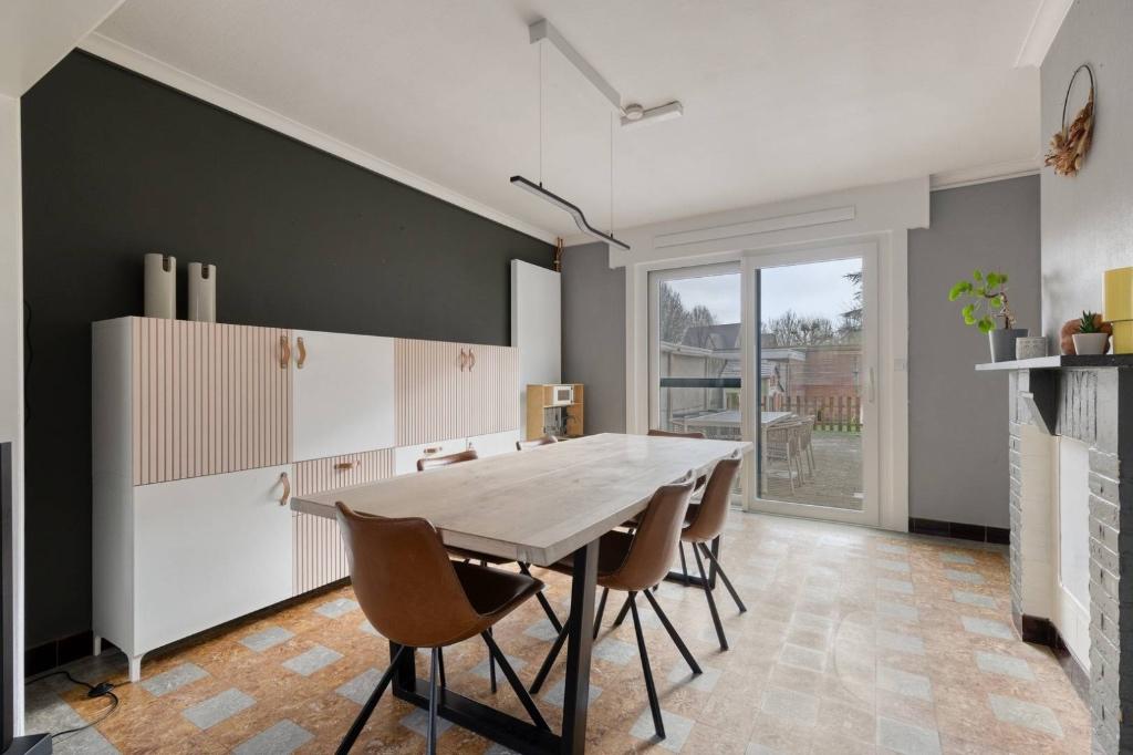 Moderne eettafel (+ leren stoelen GRATIS), 200 cm of meer, 50 tot 100 cm, Zo goed als nieuw, Vijf personen of meer
