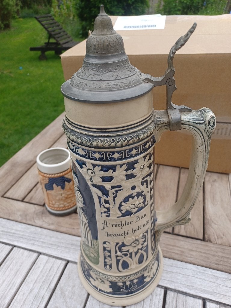 Duitse bierkan met tinnen deksel, Ophalen of Verzenden