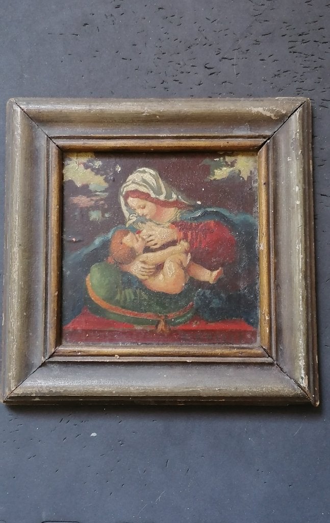 peinture ancien, Vierge au coussin, Salario, Peinture à l'huile, Bois, Signé, Figures