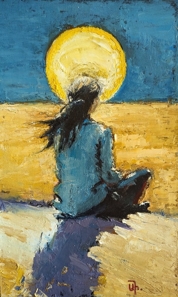 « Rencontre avec le coucher de soleil », Antiquités & Art, Art | Peinture | Moderne, Textile, Peinture à l'huile, Figures, Passe-partout