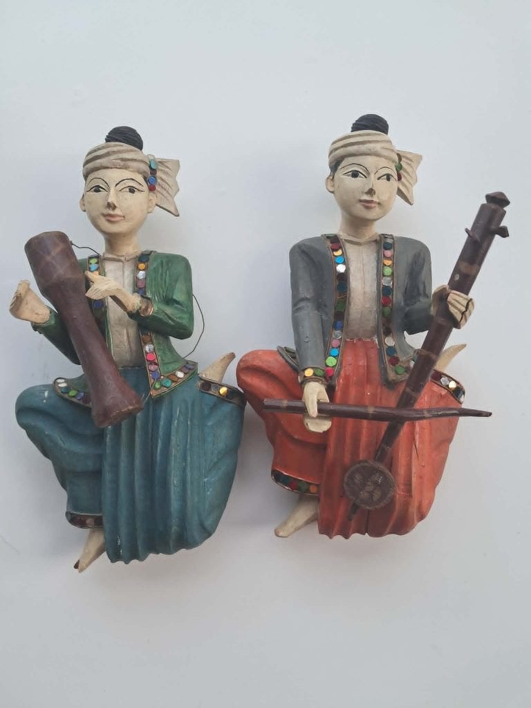 Birmese houten muzikantbeeldjes, Antiquités & Art, Art | Art non-occidental, Enlèvement ou Envoi, Bois, Peint, Multicolore