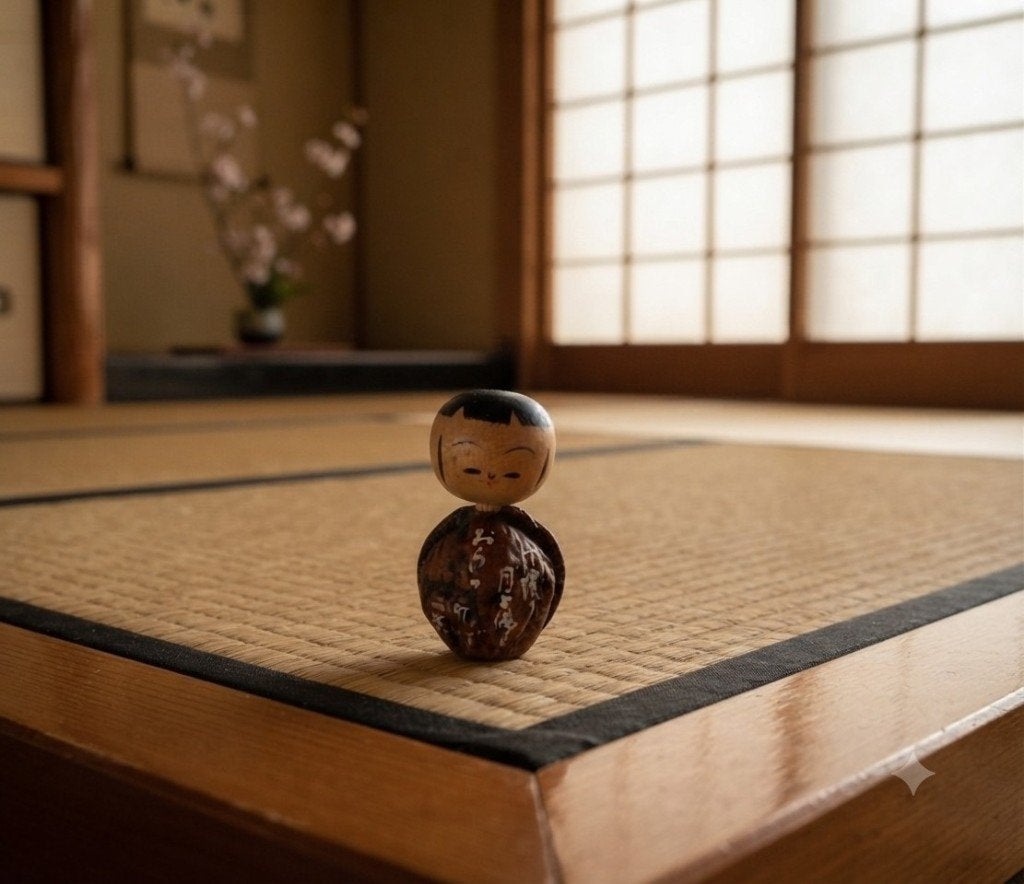 Joli kokeshi aux noix, Fait main, Japon, Bois, Multicolore
