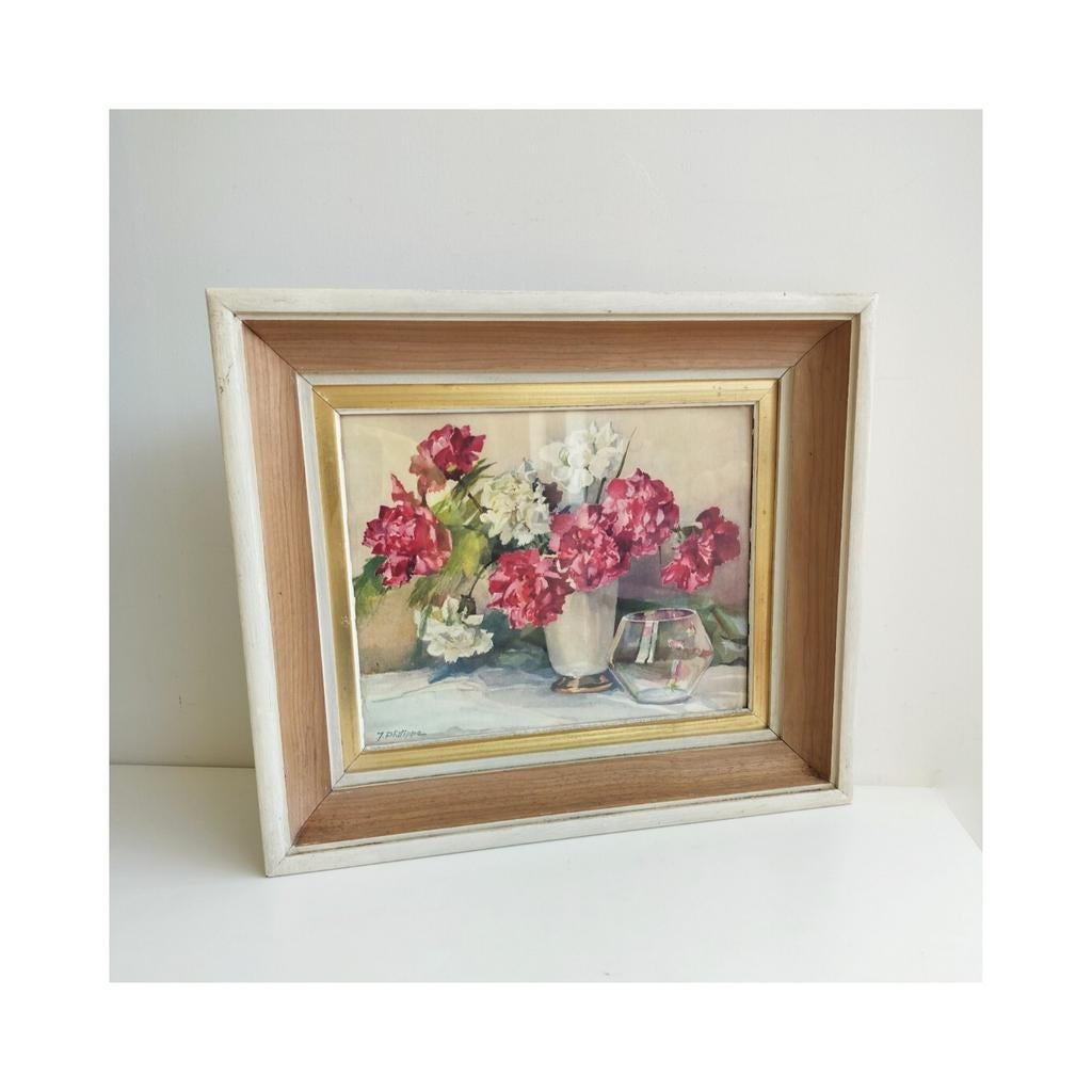 Oude aquarel van bloemen mooi ingekaderd, Enlèvement ou Envoi