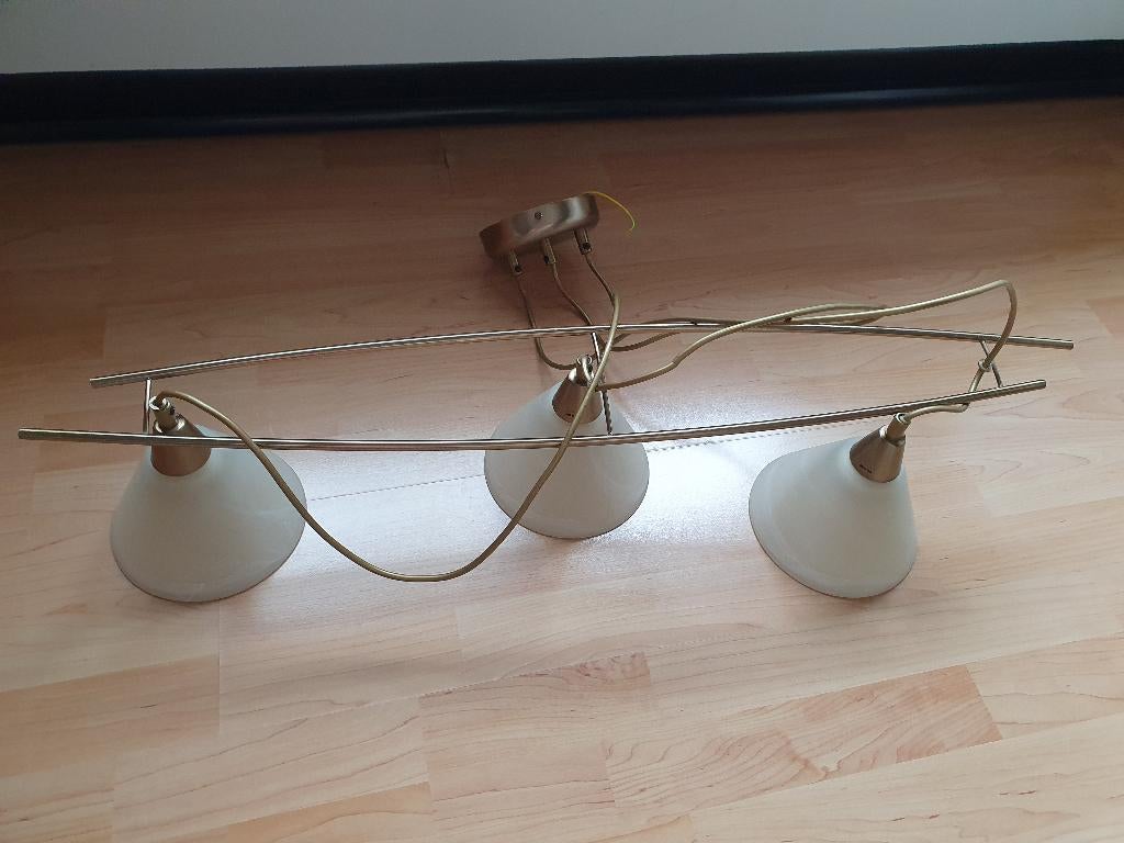 Luster in messing met 3 pendels, Ophalen, Gebruikt, Glas