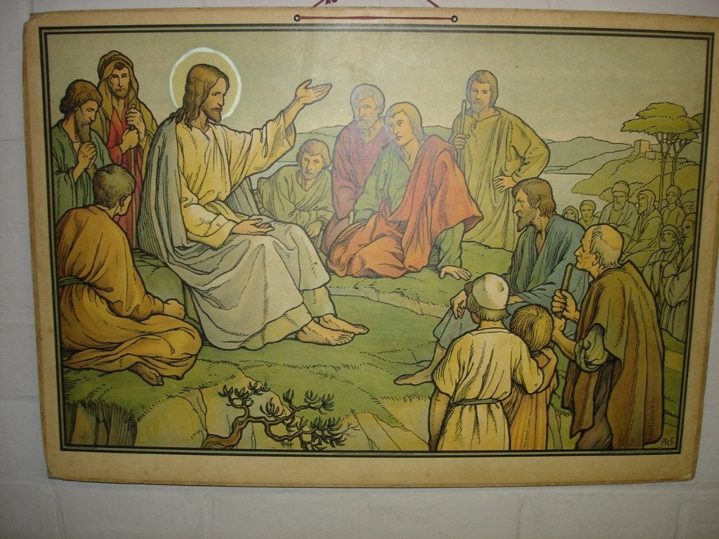 5 religieuze schoolplaten karton 76 x 100 cm, Antiek en Kunst, Ophalen, Geschiedenis
