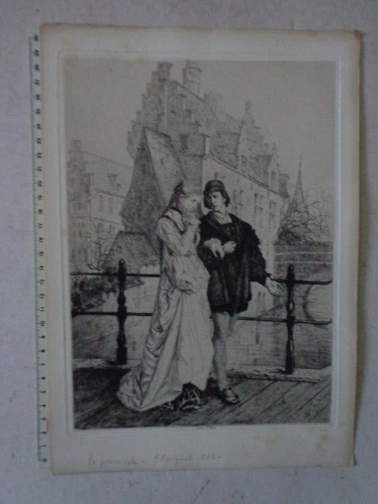 19de eeuwse ets van Willem Geets uit 1875 "De wandeling", Antiquités & Art, Eau-forte, Signé, Vie quotidienne, 1800 - 1899