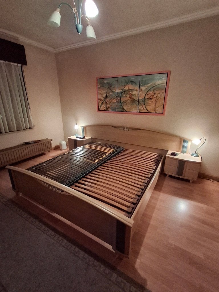 Tweepersoonsbed + nachtkastjes + lattenbodems, Ophalen, Gebruikt, Tweepersoons, 180 cm