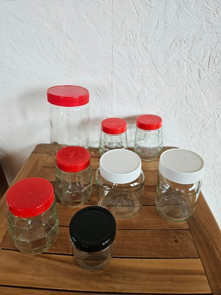 Lot 8 bocaux pots en verre couvercle plastique, Enlèvement ou Envoi, Utilisé, Verre, Récipient(s)